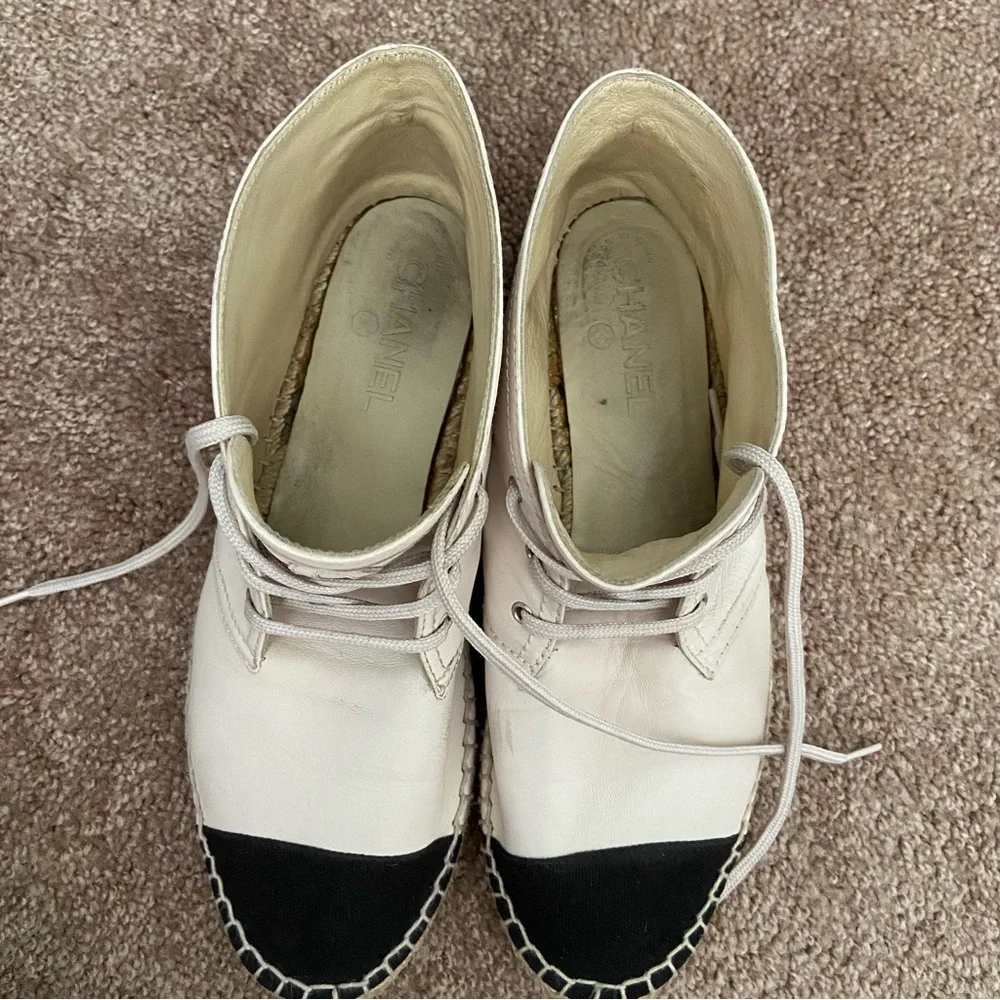 Chanel Two Tone Leather Canvas CC Logo Espadrille Lace Up High Top Sneakers